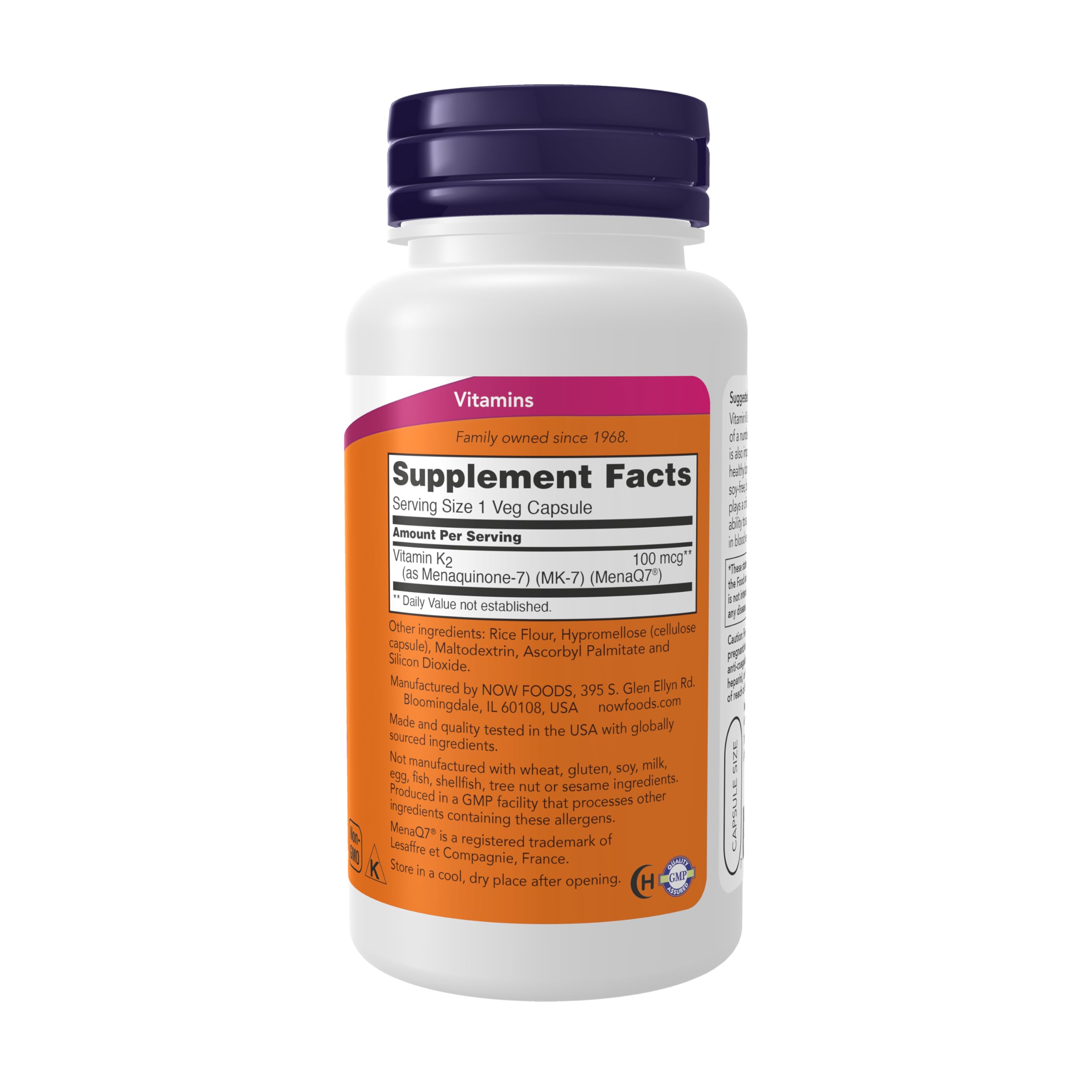 Close-up of NOW Foods MK-7 capsules emphasizing soy-free, bioavailable vitamin K-2 benefits.