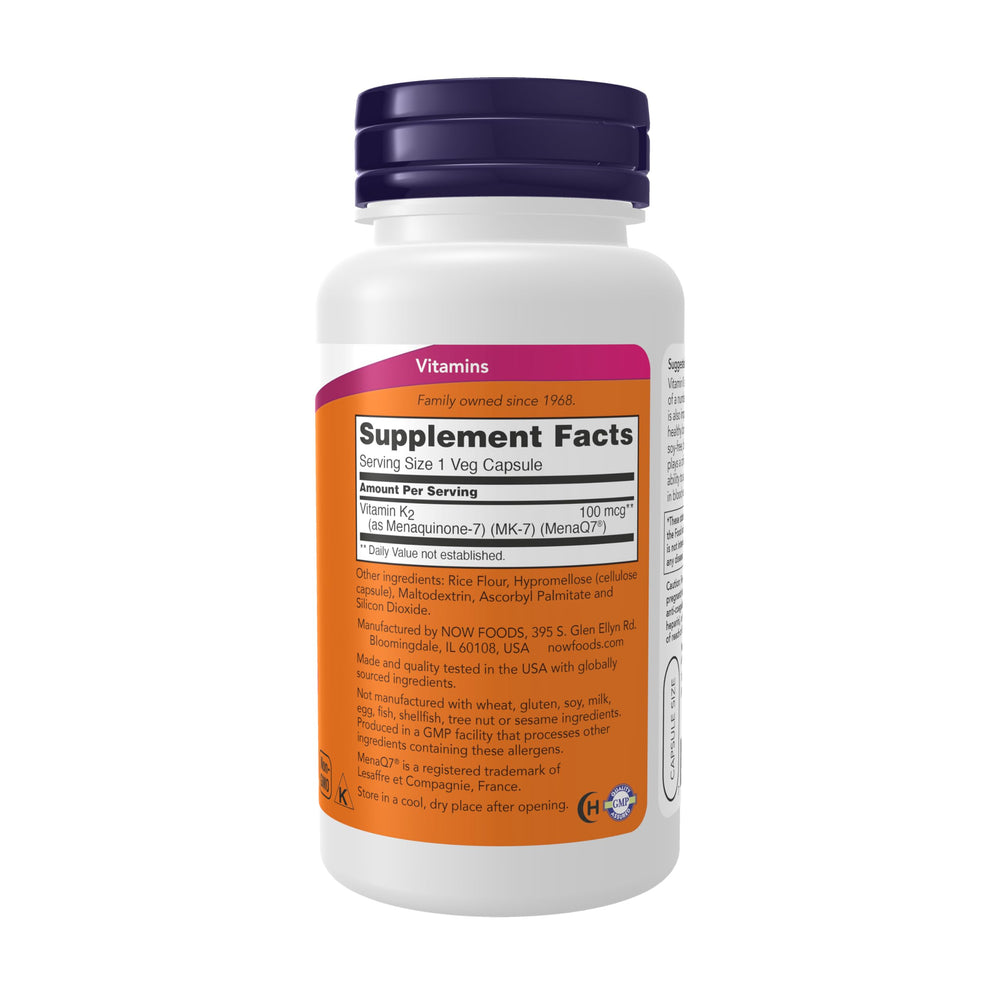 Close-up of NOW Foods MK-7 capsules emphasizing soy-free, bioavailable vitamin K-2 benefits.