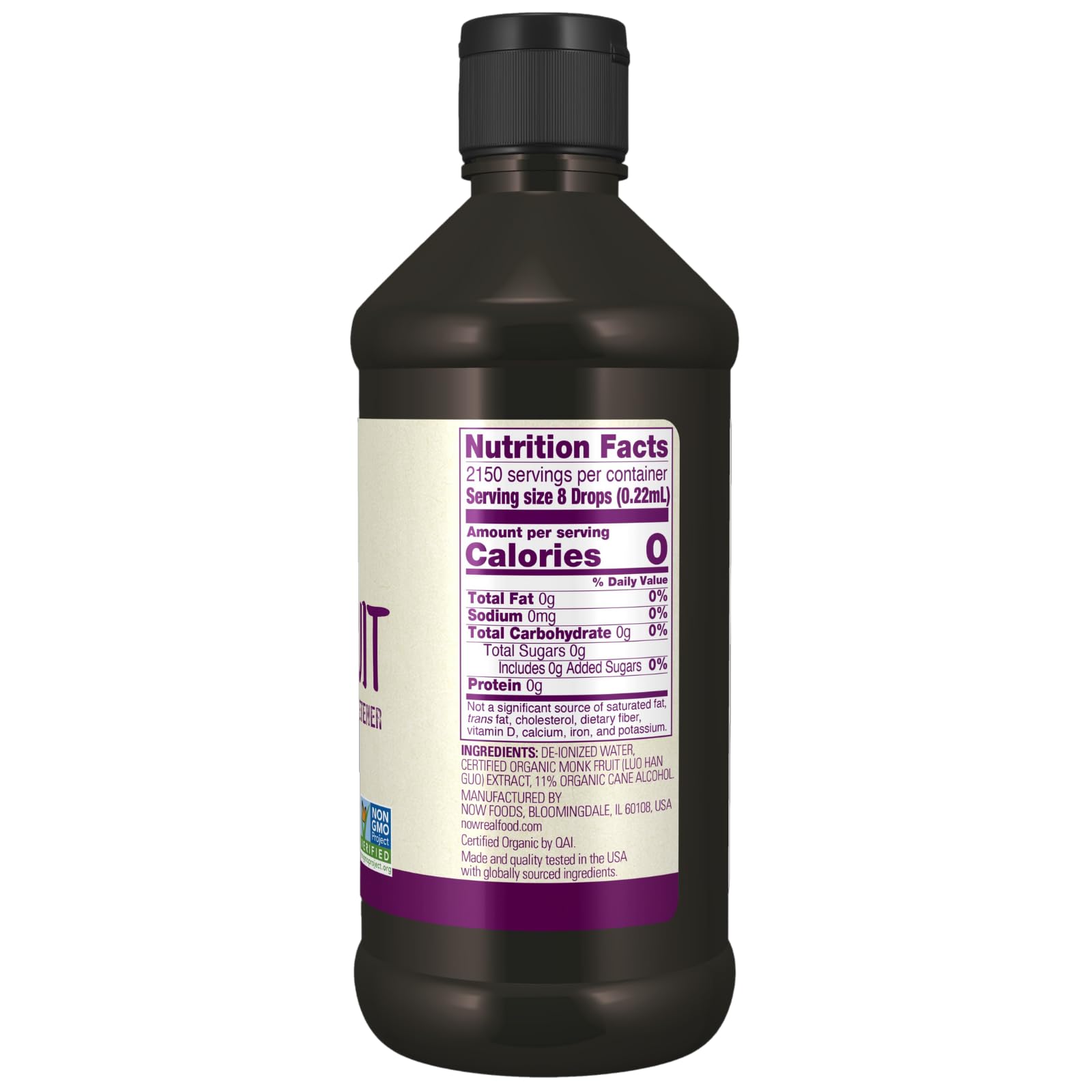 NOW Foods Monk Fruit Liquid label close-up showing organic non-GMO sweetener
