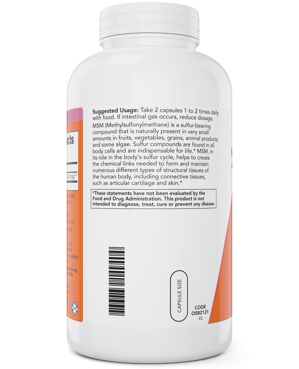 NOW Foods MSM 1000mg capsules closeup highlighting easy-to-swallow veg capsules.