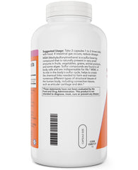 NOW Foods MSM 1000mg capsules closeup highlighting easy-to-swallow veg capsules.