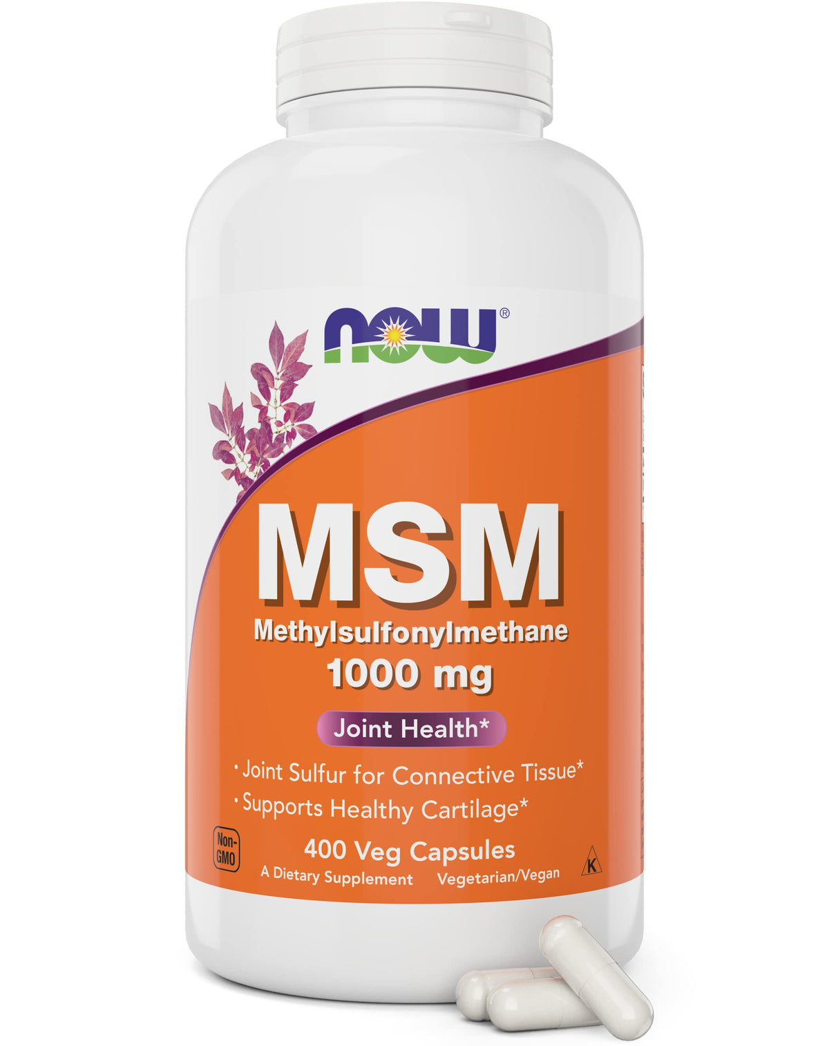 NOW Foods MSM 1000mg veg capsules bottle for everyday wellness and vegan-friendly use.