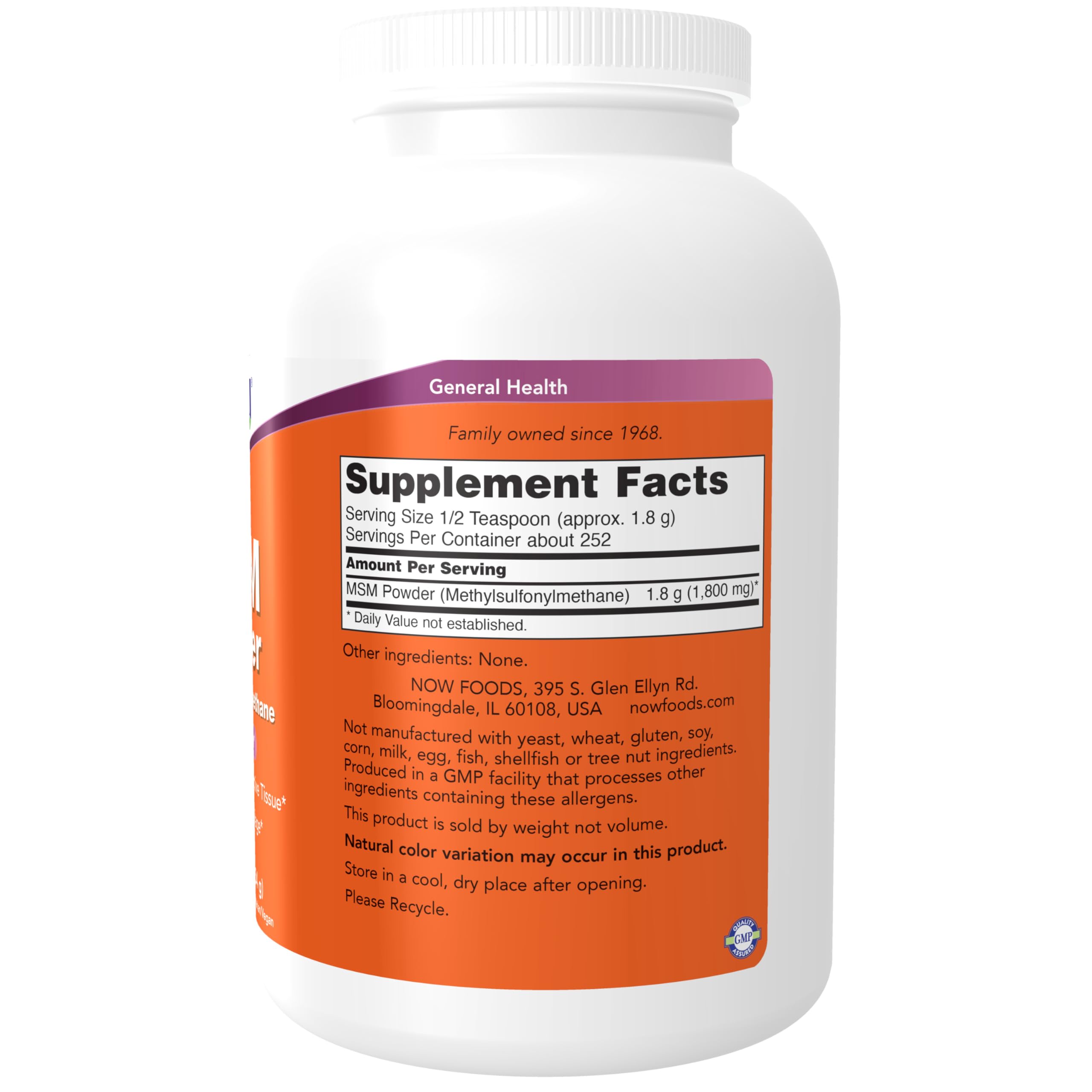 NOW Foods MSM powder jar close-up highlights natural sulfur-bearing formula