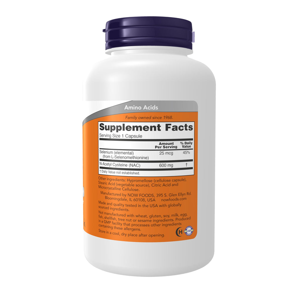 NOW Foods NAC 600 mg label close-up showing selenium and capsule count