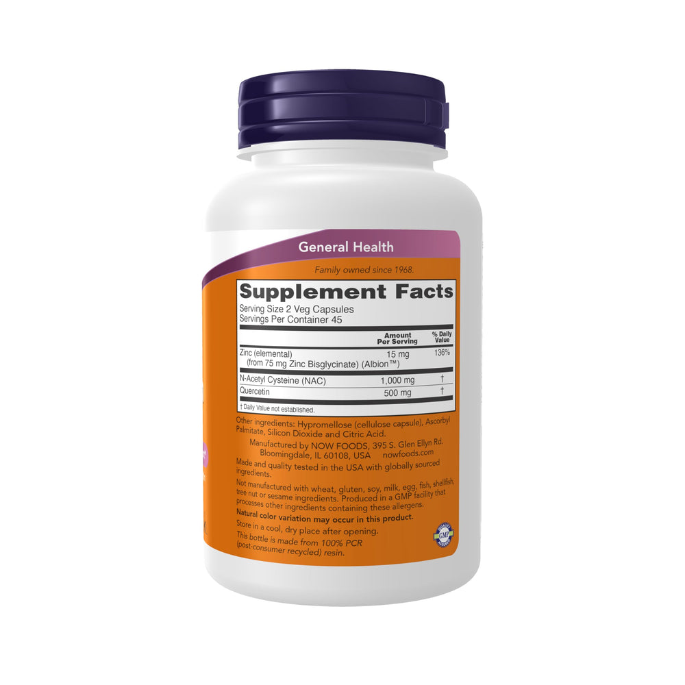 NOW Foods NAC Quercetin Zinc front label highlights immune and respiratory support