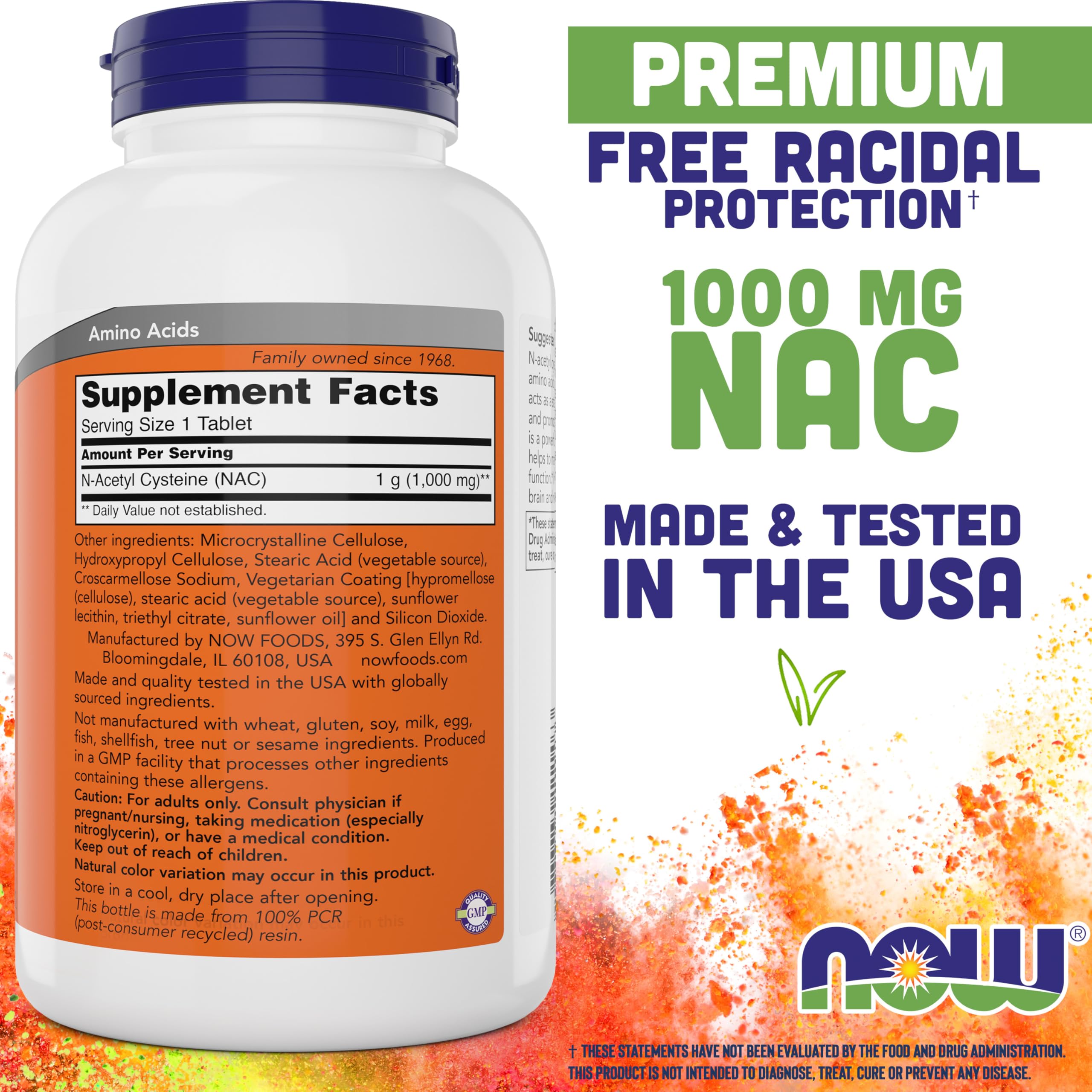 NOW Foods NAC tablets close-up showing 1000 mg per tablet for antioxidant support