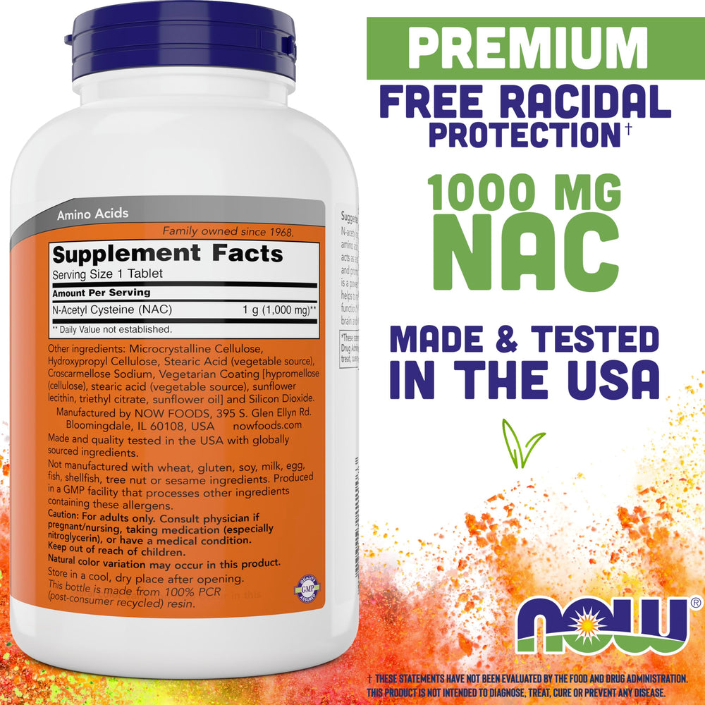 NOW Foods NAC tablets close-up showing 1000 mg per tablet for antioxidant support