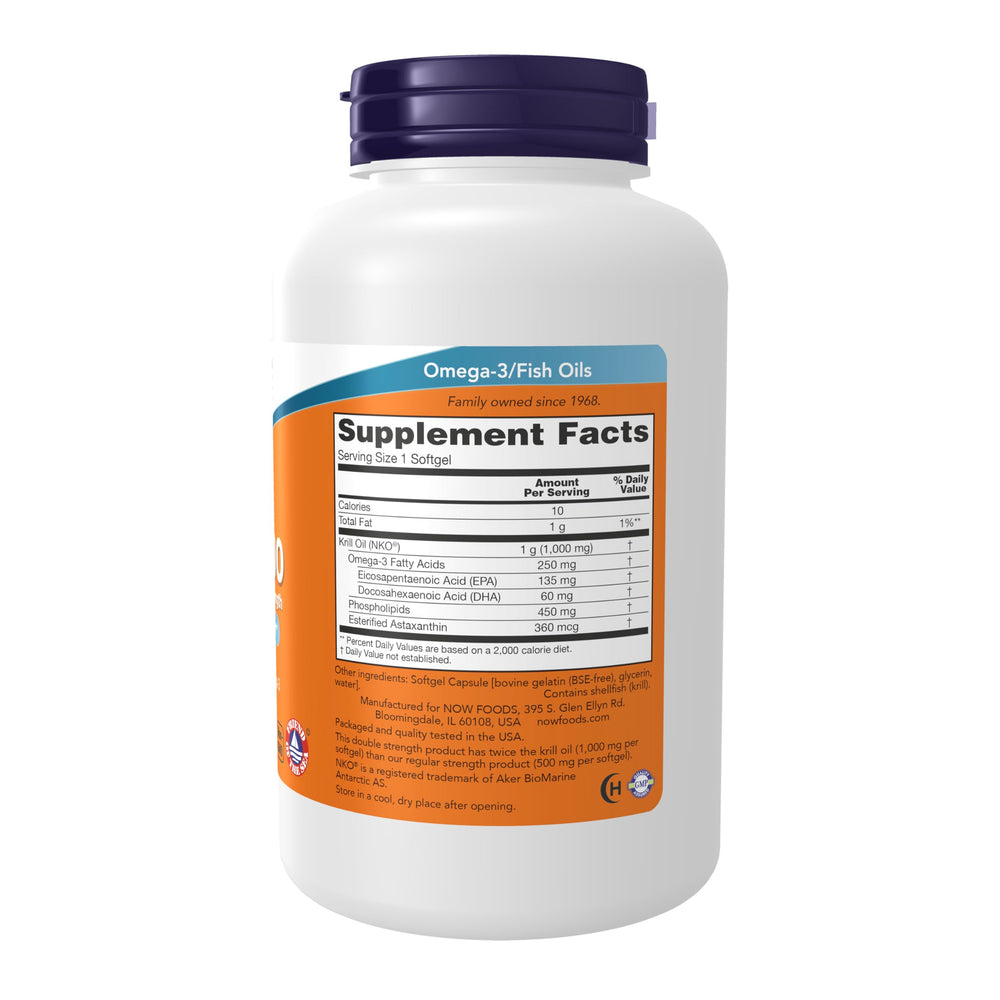NOW Foods Neptune Krill bottle label closeup highlighting NKO and quality certifications.