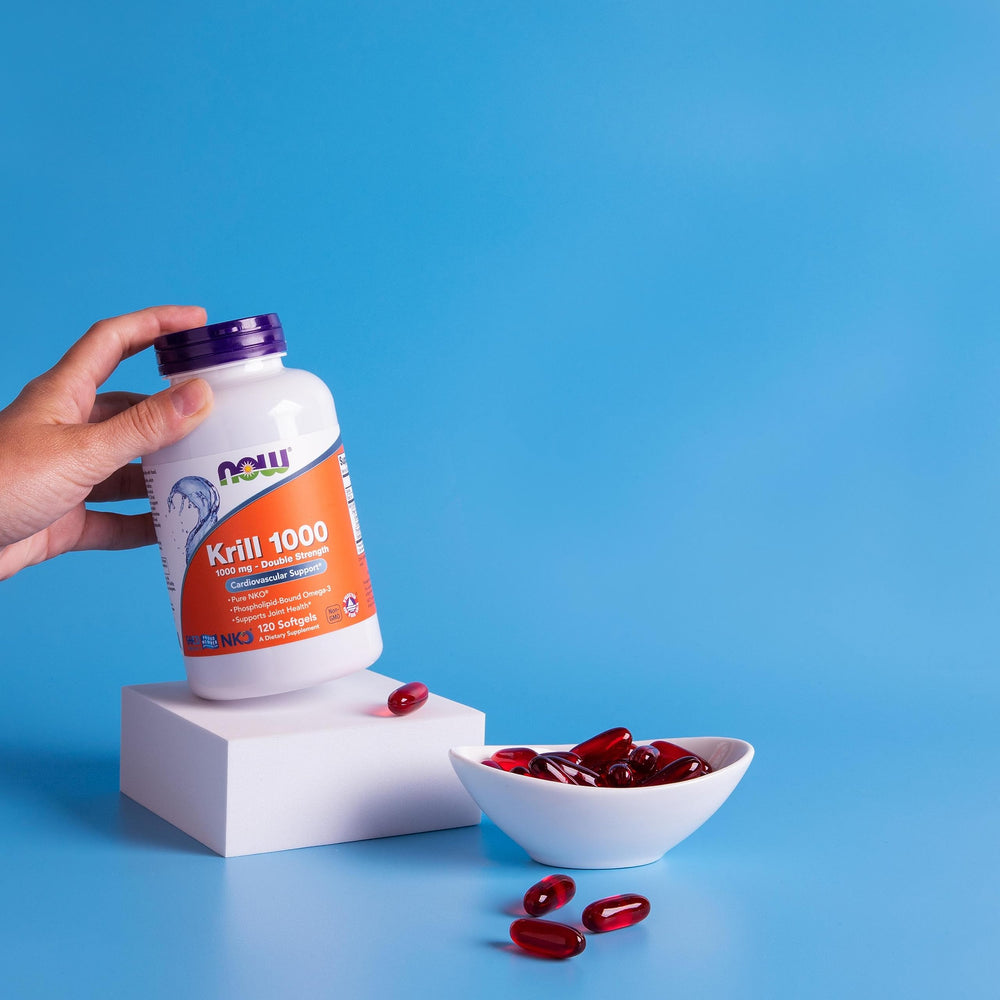 NOW Foods Neptune Krill packaging front displaying 120 softgels and product details.
