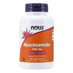 NOW Foods Niacinamide 500mg bottle label showing non-flush vitamin B-3 details.