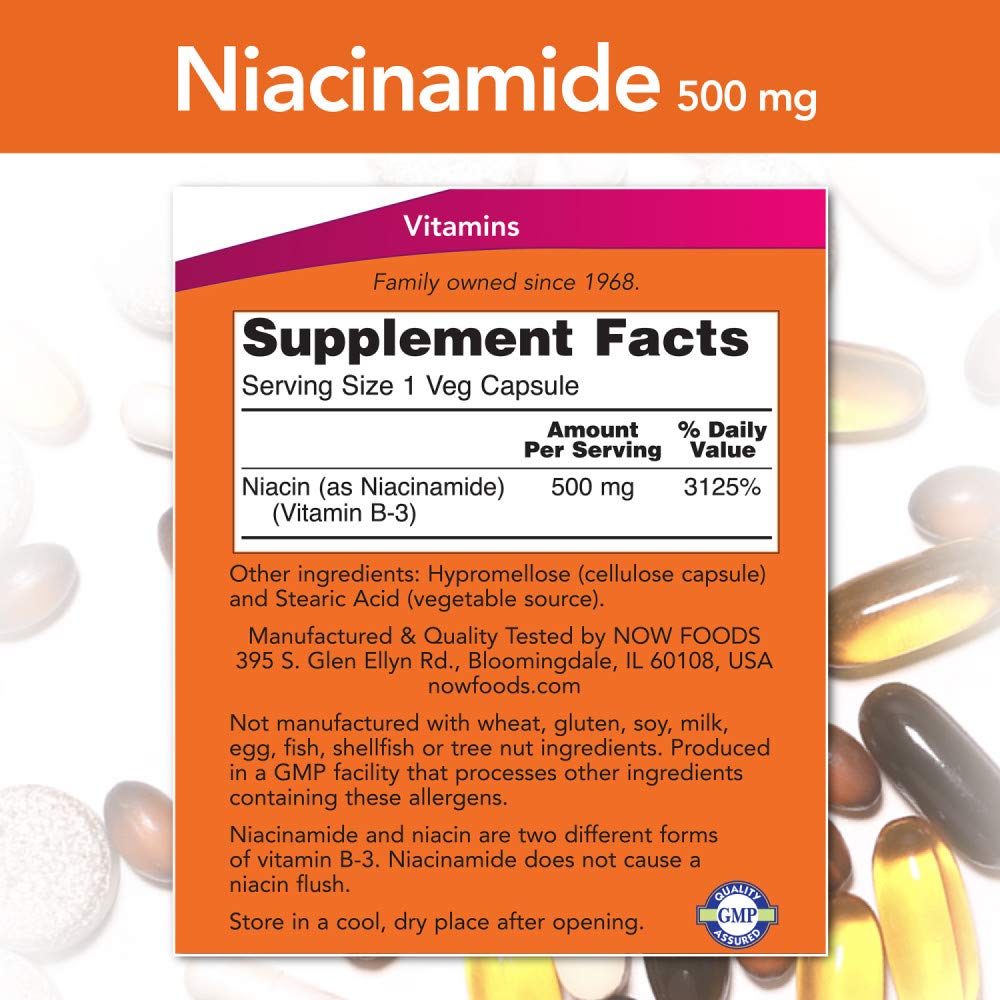 NOW Foods Niacinamide 500mg capsules close-up suitable for daily supplementation.