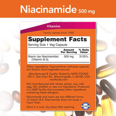 NOW Foods Niacinamide 500mg capsules close-up suitable for daily supplementation.