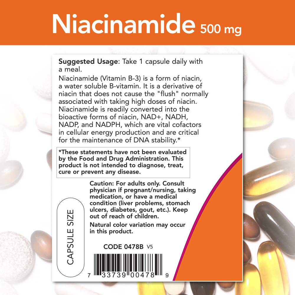NOW Foods Niacinamide 500mg serving size on bottle panel for daily use.