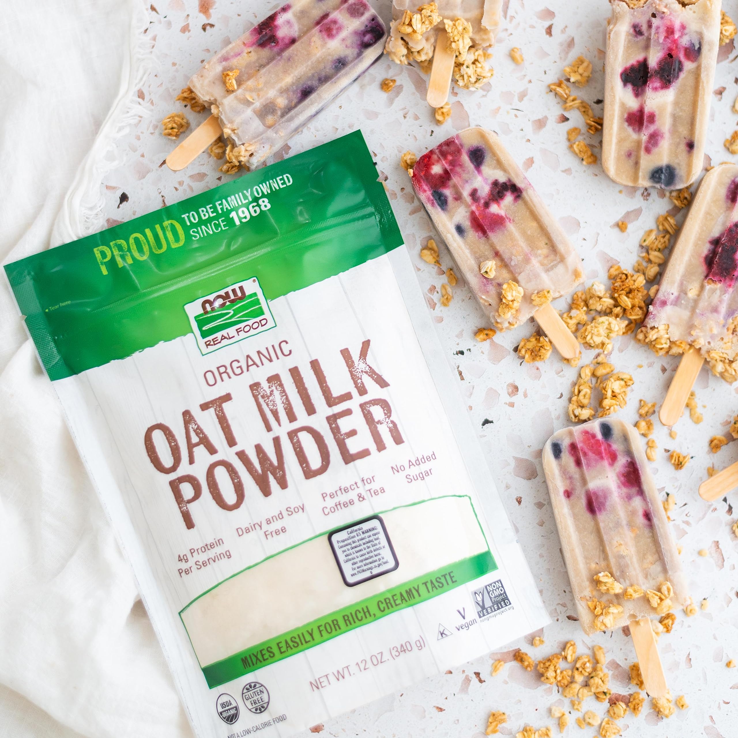 NOW Foods Oat Milk Powder on morning cup for creamy, non-dairy coffee.