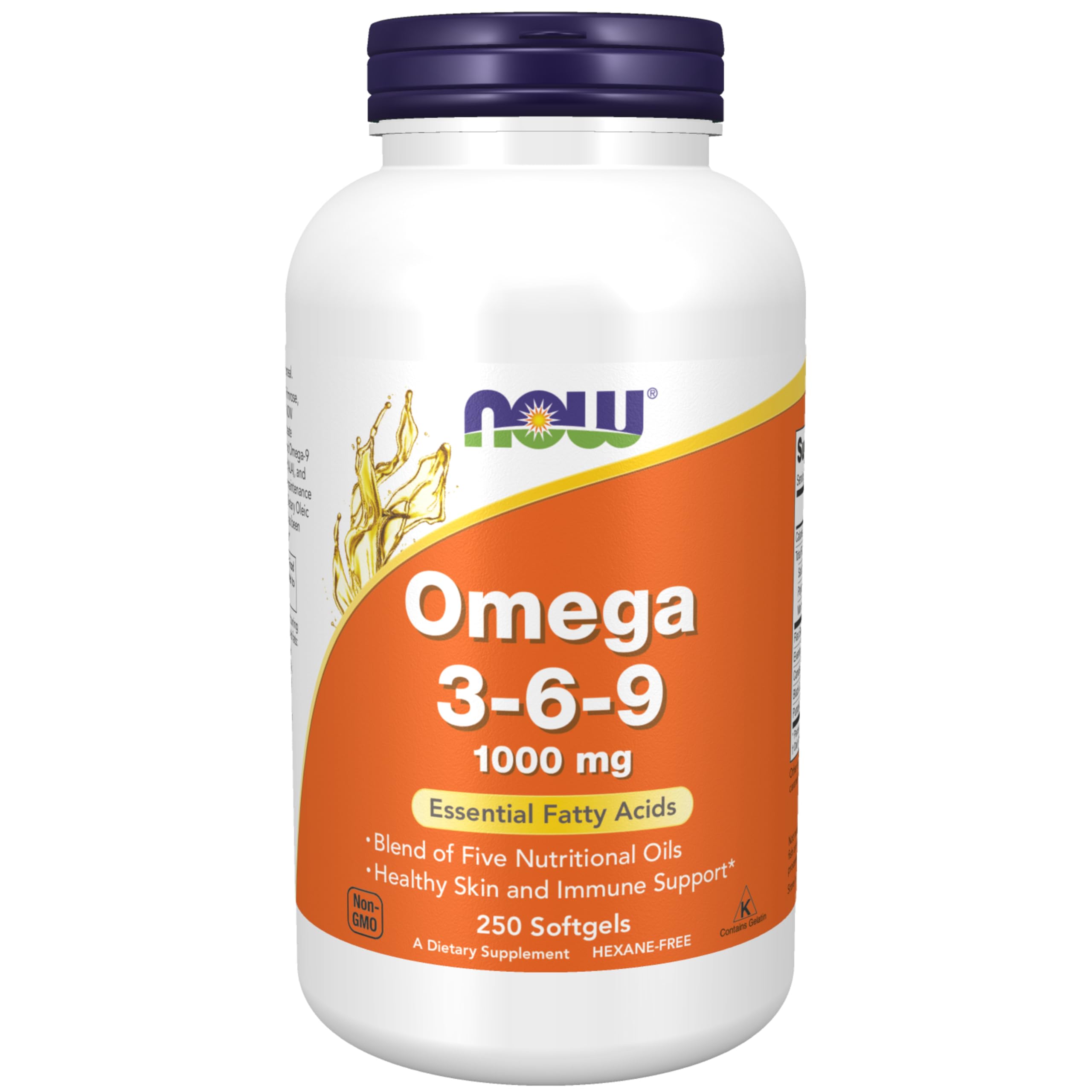 NOW Foods Omega 3-6-9 bottle label highlighting the oil blend for skin and immunity