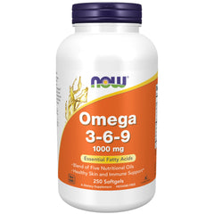 NOW Foods Omega 3-6-9 bottle label highlighting the oil blend for skin and immunity
