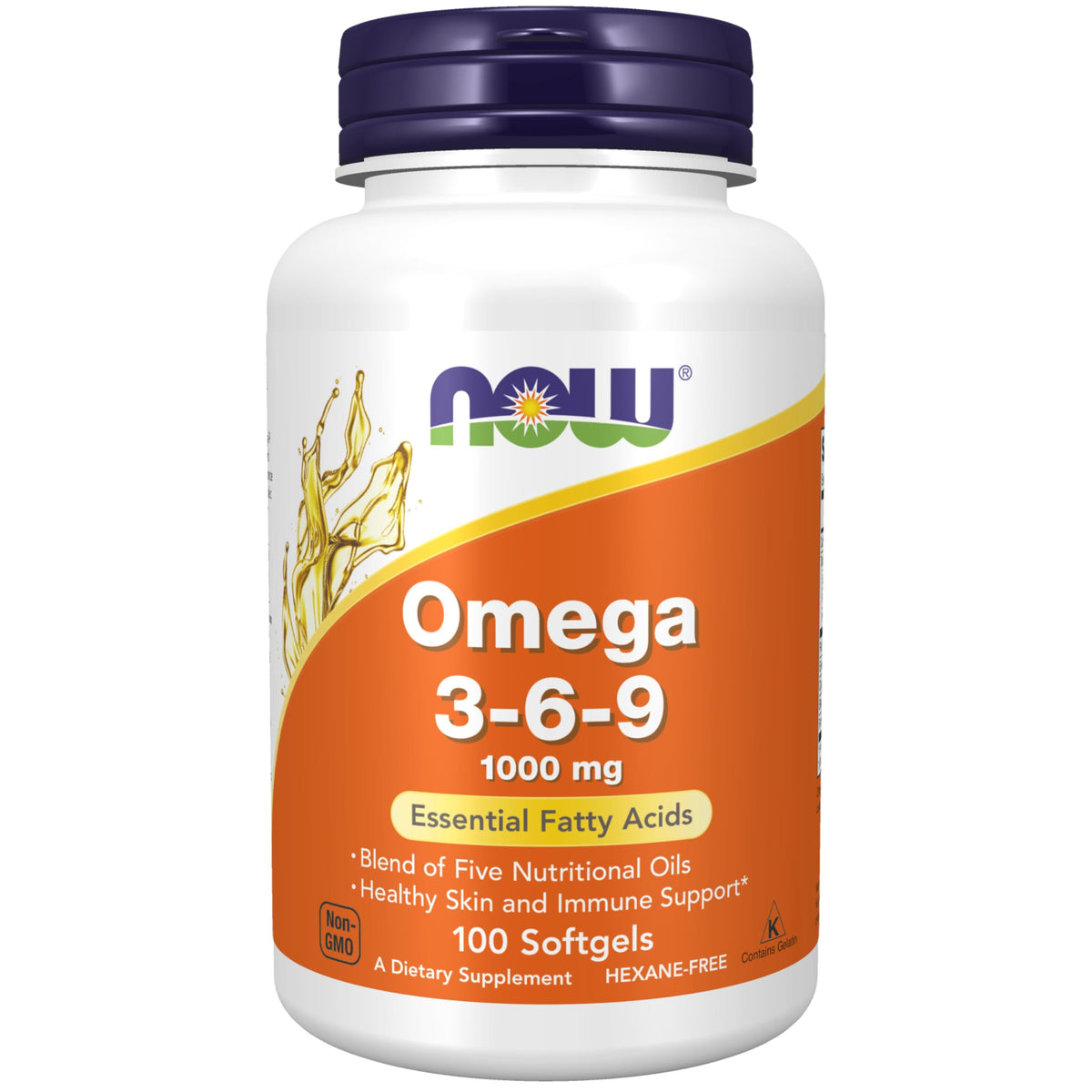 NOW Foods Omega 3-6-9 bottle with softgels for healthier skin support