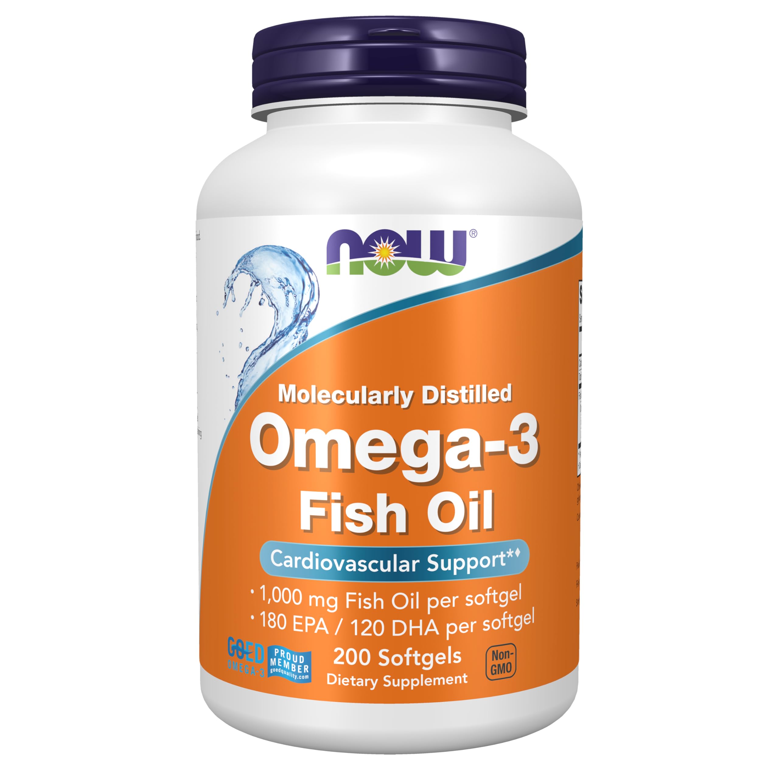 NOW Foods Omega-3 softgels bottle closeup highlighting 180 EPA/120 DHA potency
