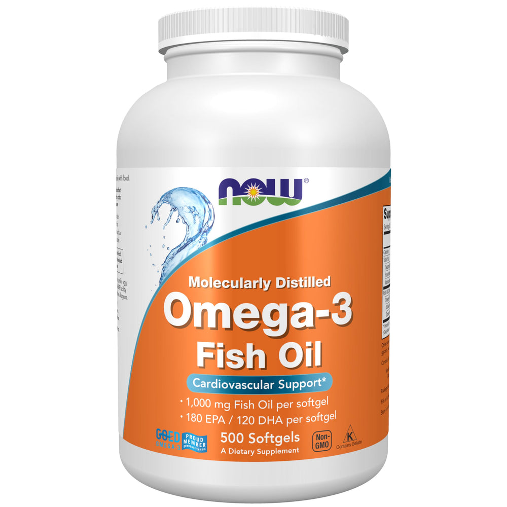 NOW Foods Omega-3 bottle front showing 180 EPA and 120 DHA per softgel for heart health support