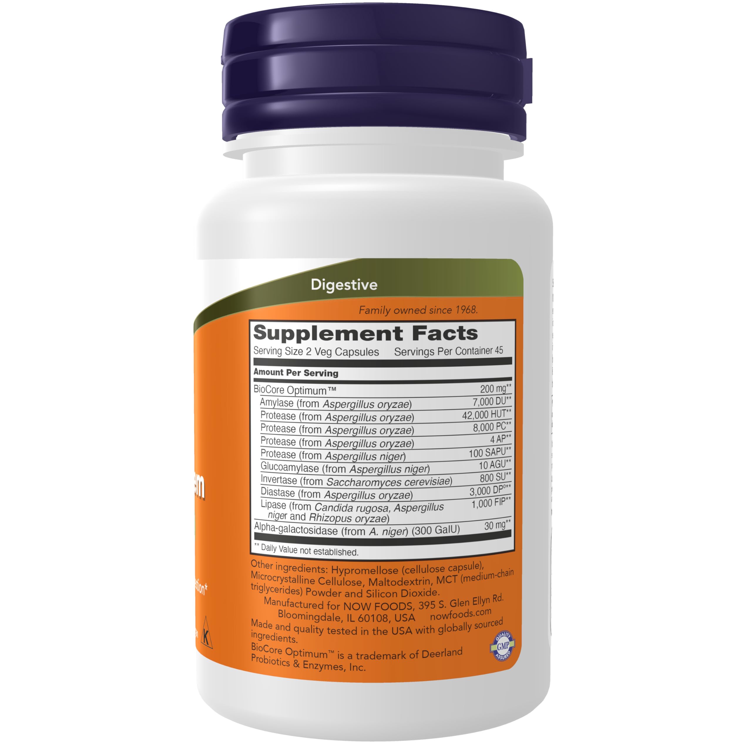 NOW Foods Optimal Digestive System enzymes ingredients highlight the formula components.