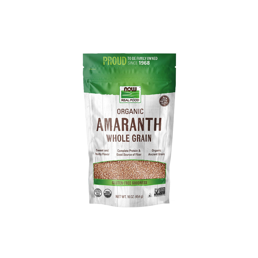 NOW Foods Organic Amaranth bottle pour shows easy gluten-free meal prep potential.