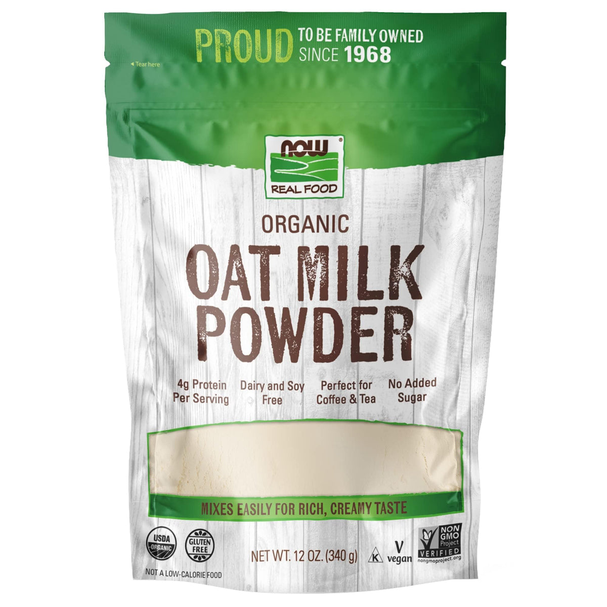 NOW Foods Organic Oat Milk Powder container highlights dairy-free, organic ingredients for lactose-free use.