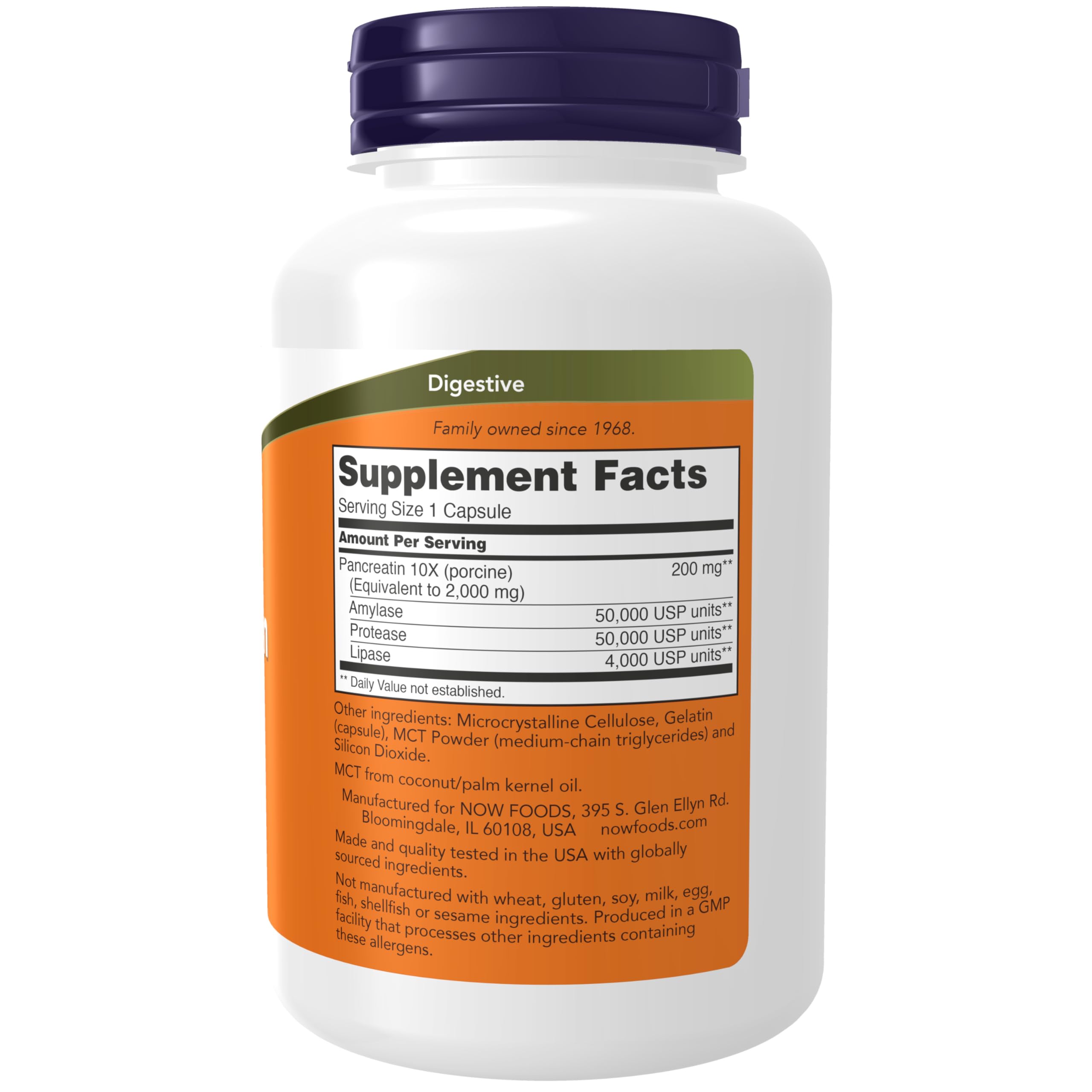 NOW Foods Pancreatin 2000 bottle front with label signaling trusted porcine enzyme formula