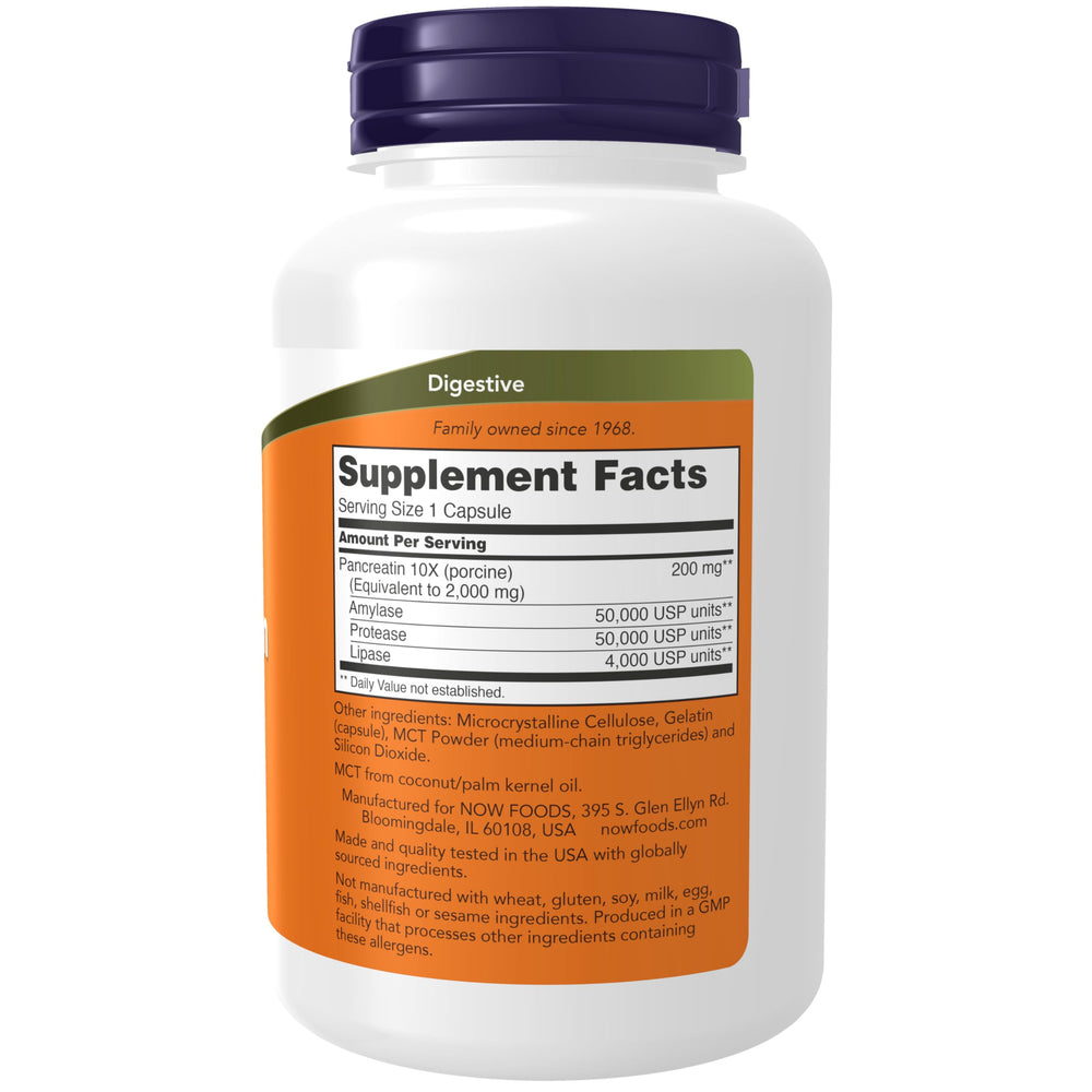 NOW Foods Pancreatin 2000 bottle front with label signaling trusted porcine enzyme formula
