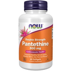 NOW Foods Pantethine 600 mg softgels bottle; supports healthy lipid balance.