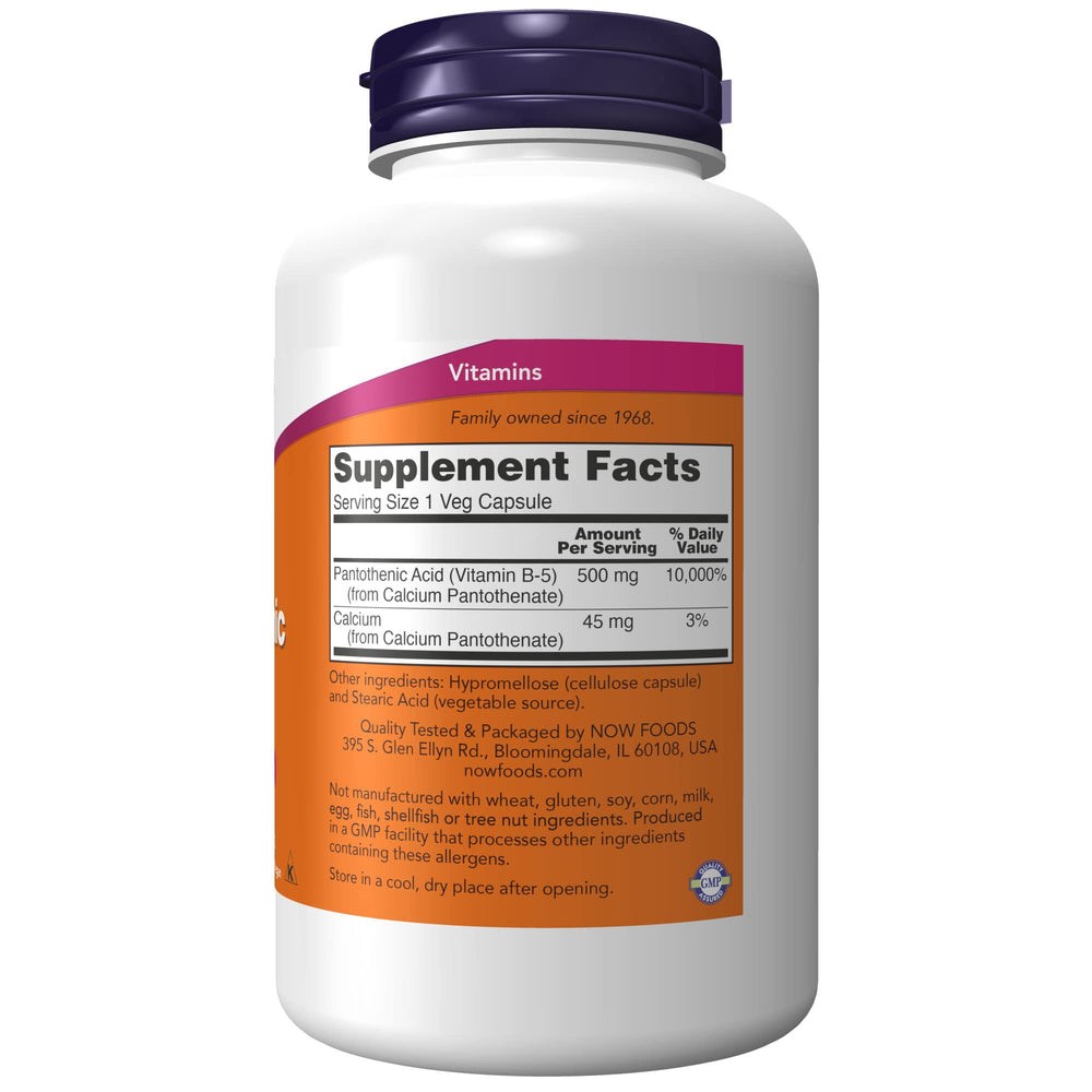 NOW Foods Pantothenic Acid capsules closeup highlighting high potency.