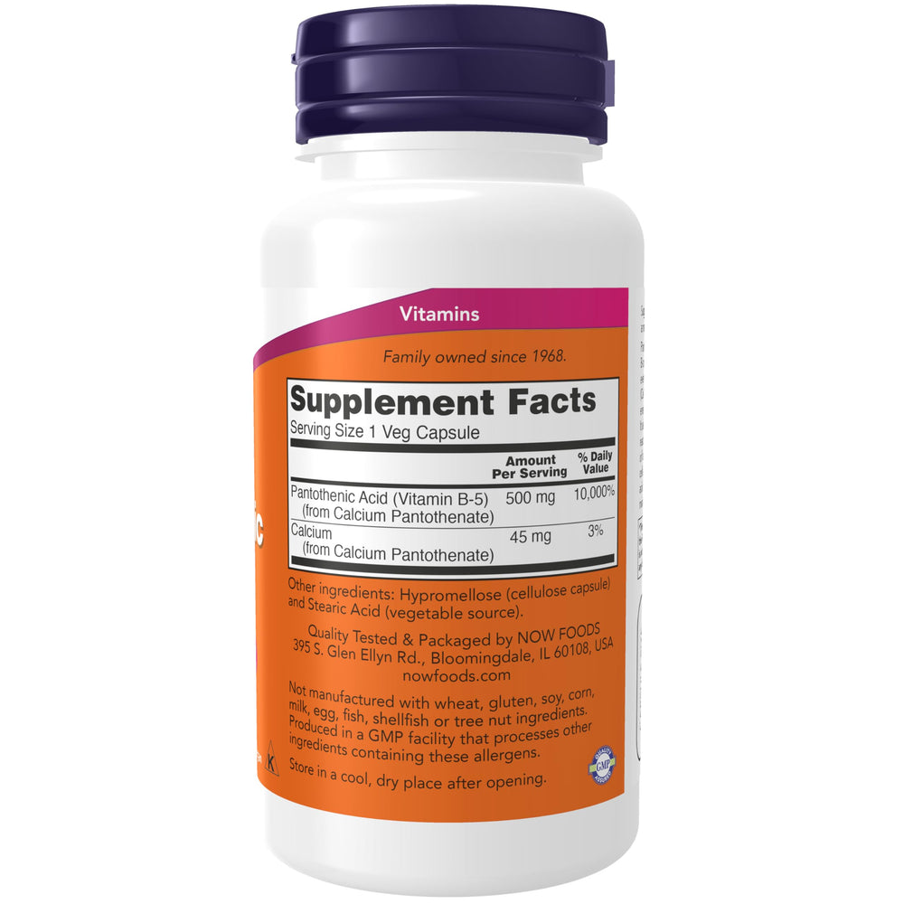 NOW Foods Pantothenic Acid capsules illustrating CoA role in energy production.