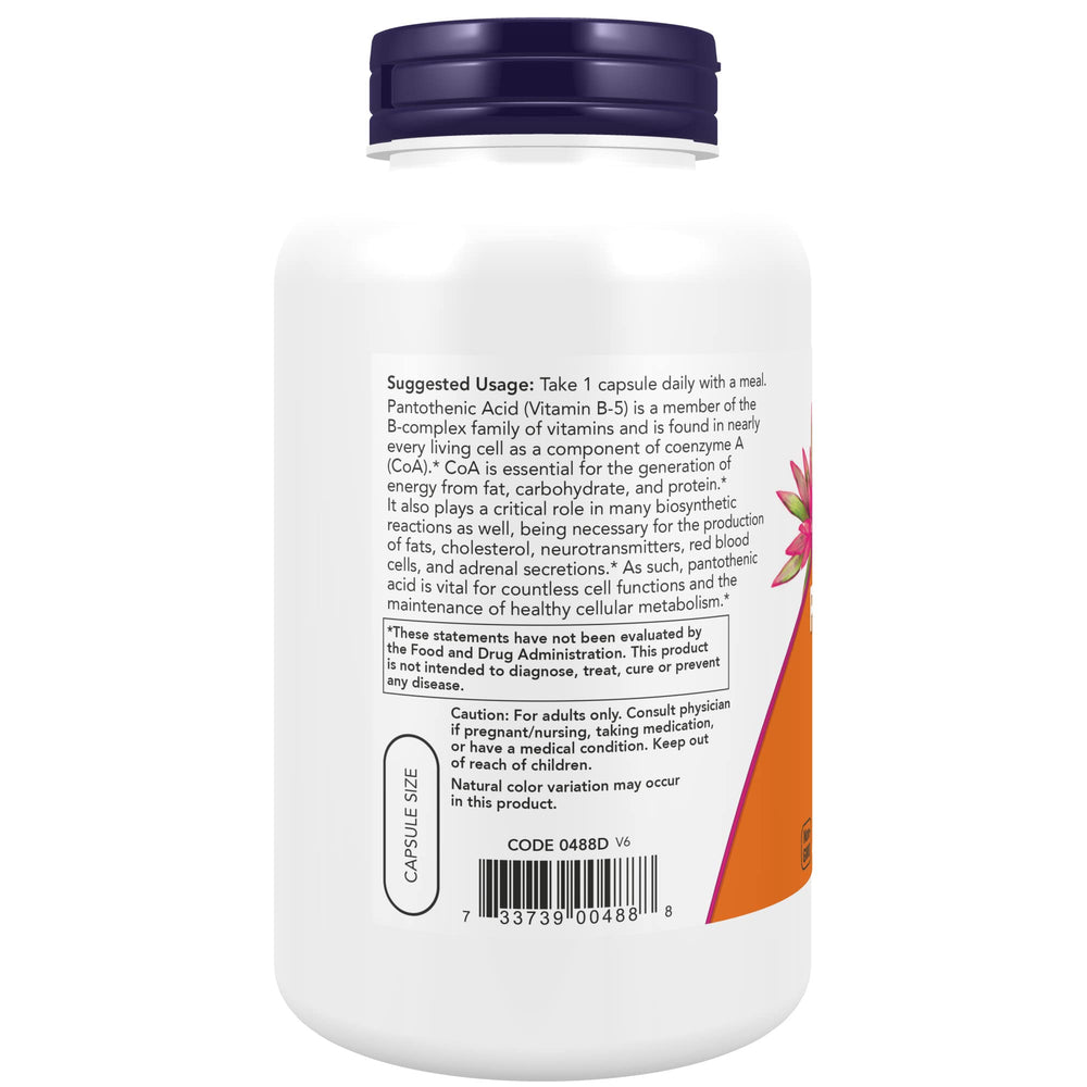 NOW Foods Pantothenic Acid label showing GMP and quality details.