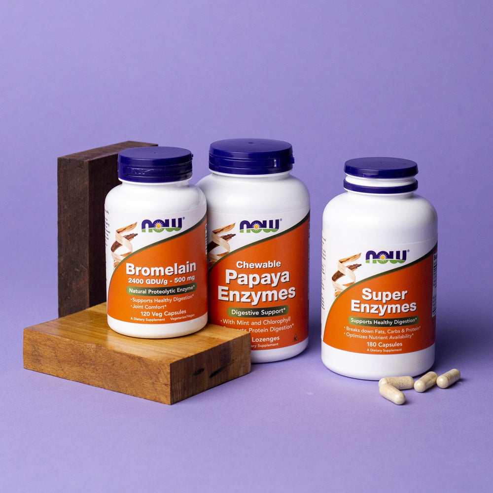 NOW Foods Papaya Enzyme Lozenges label highlighting full enzyme mix