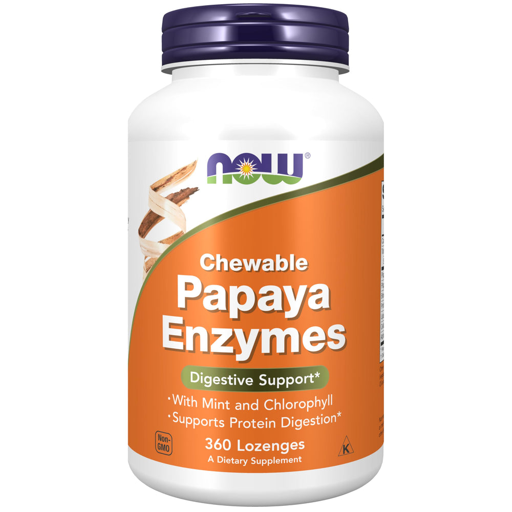 NOW Foods Papaya Enzyme Lozenges packaging shown for easy post‑meal use