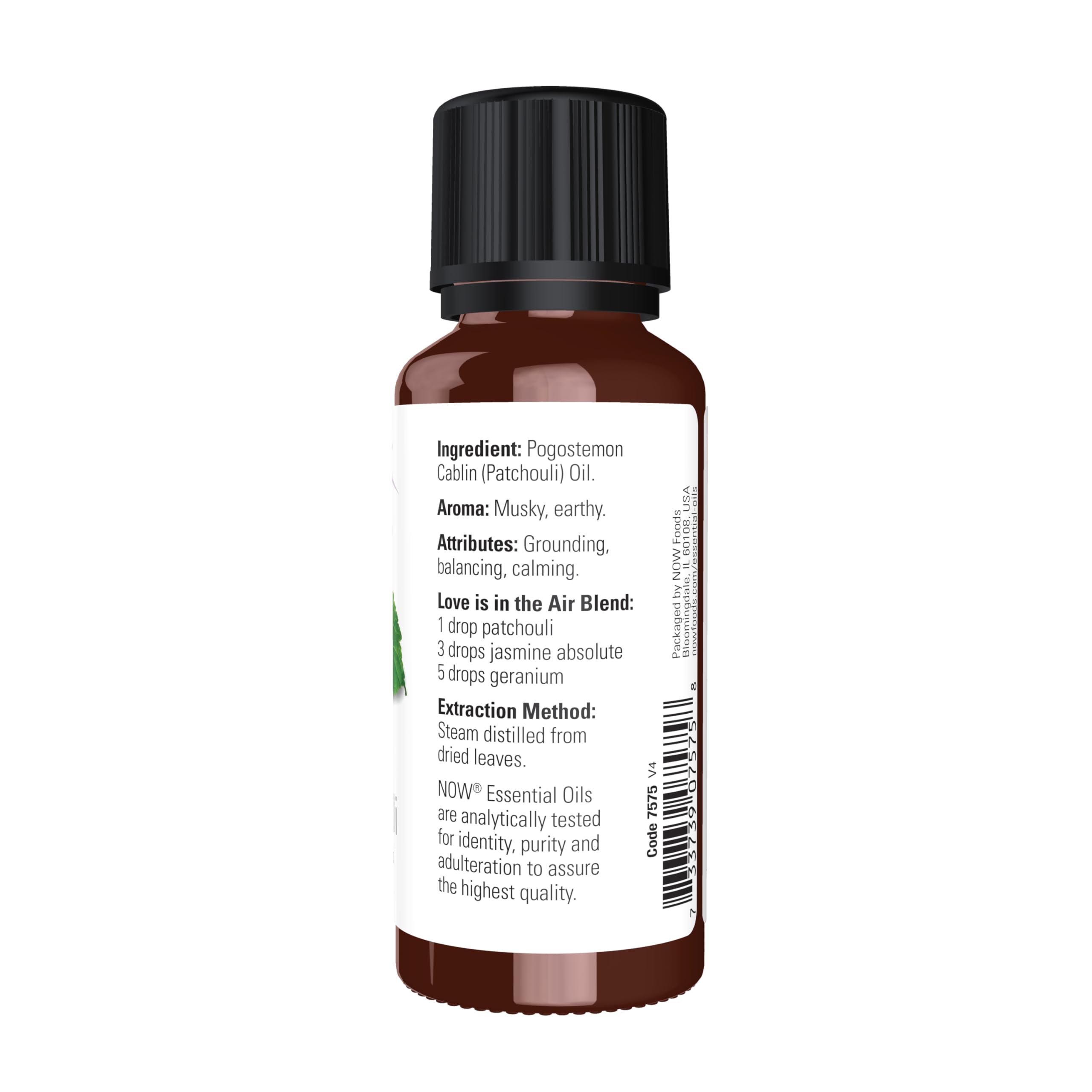 NOW Foods Patchouli Oil steam-distilled close-up highlights purity.
