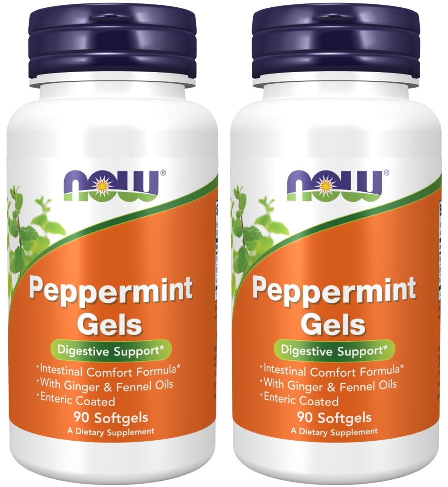 NOW Foods Peppermint Gels bottle front showing enteric coating for gentle intestinal support
