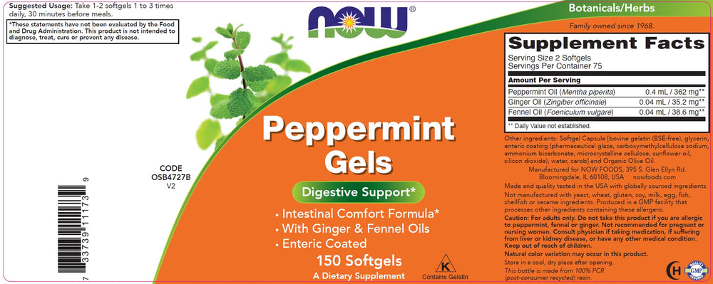 NOW Foods Peppermint Gels with ginger and fennel oils for digestive support.