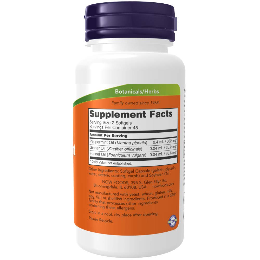 NOW Foods Peppermint Gels label close-up highlighting ginger and fennel oils for GI support