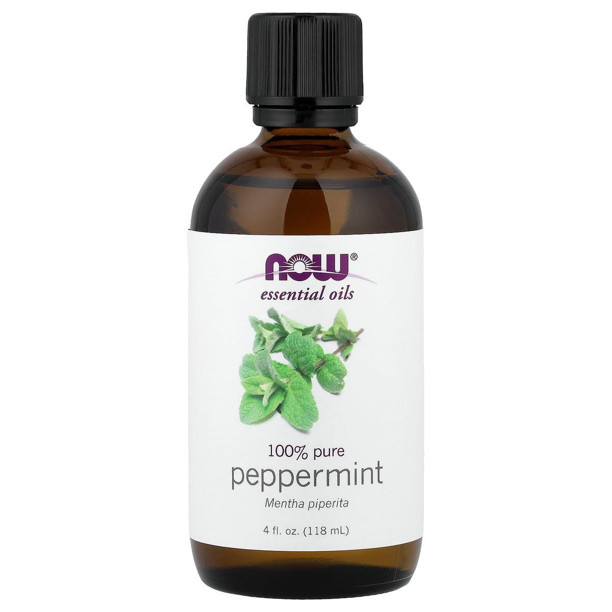 NOW Foods peppermint essential oil bottle for crisp aroma and head-clearing freshness