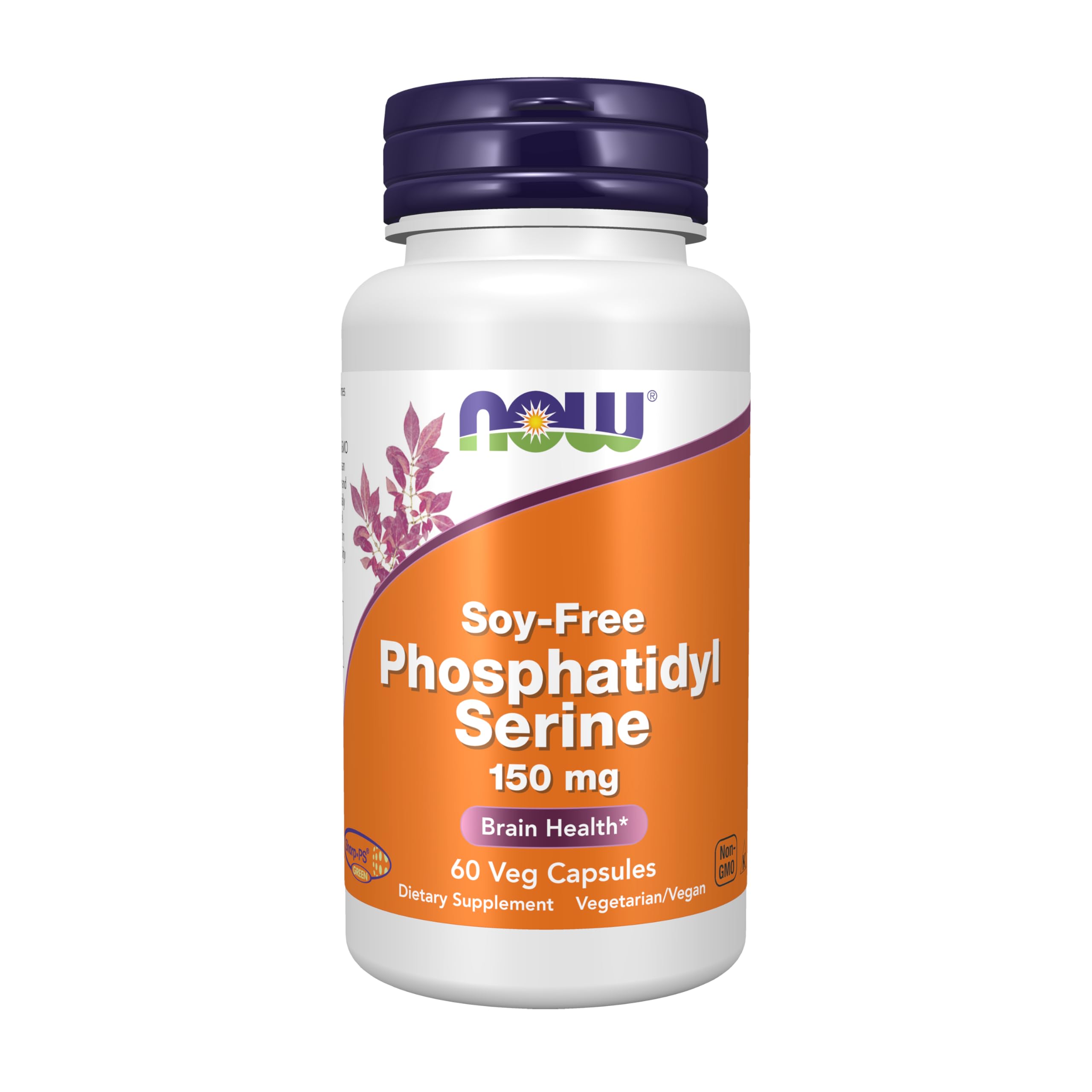 NOW Foods Phosphatidyl Serine bottle label highlights soy-free brain support