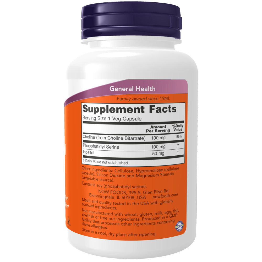 NOW Foods Phosphatidyl Serine capsules inside bottle illustrating vegan cognitive support
