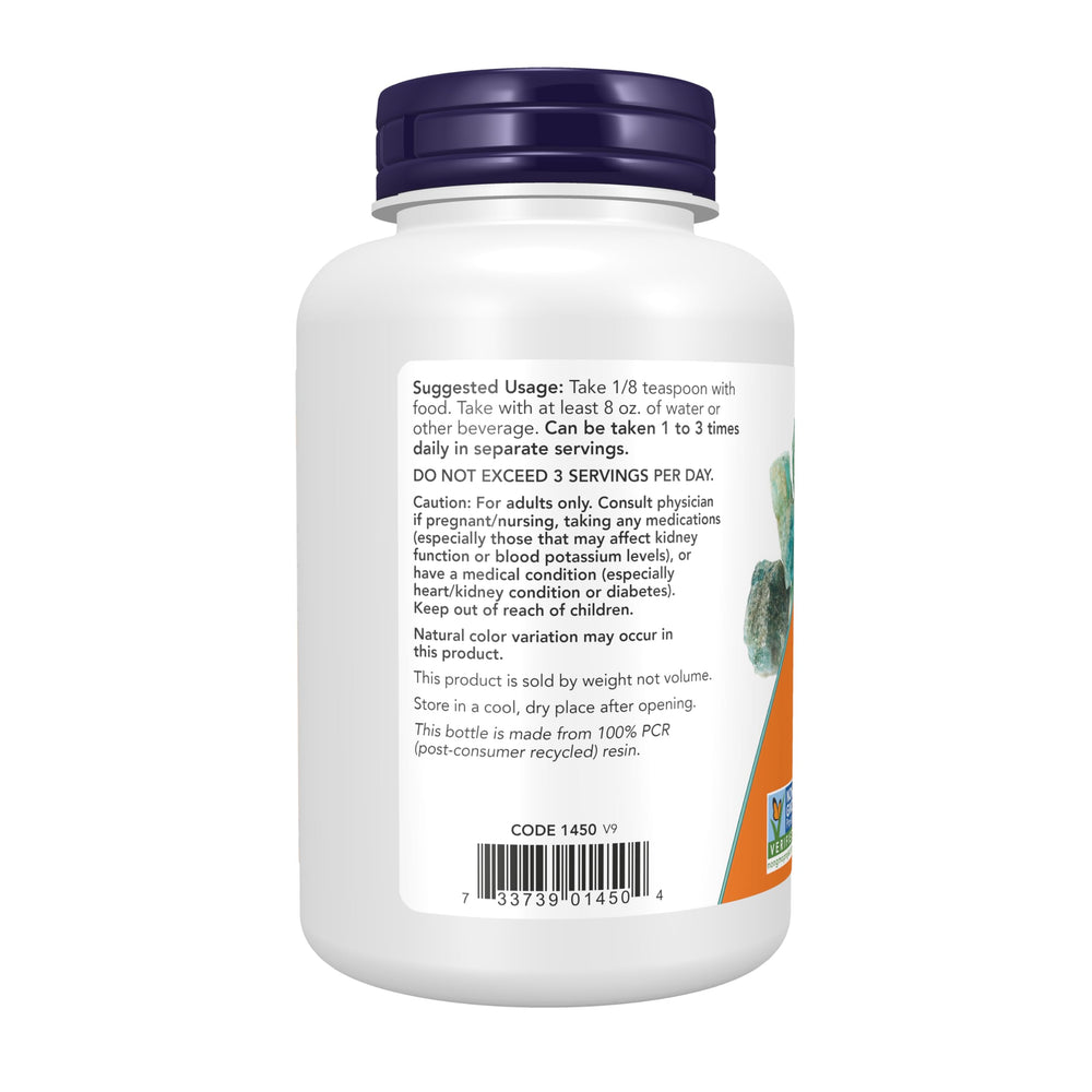 NOW Foods Potassium Chloride Powder measuring cup demonstrates convenient serving size.
