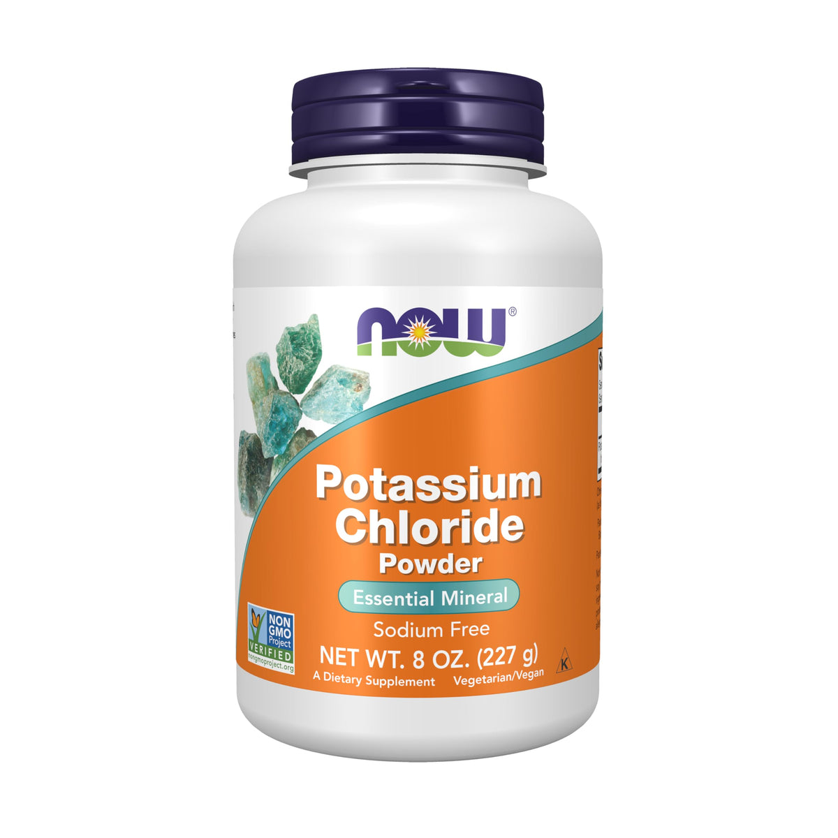 NOW Foods Potassium Chloride Powder packaging highlights non-GMO status and simple use.