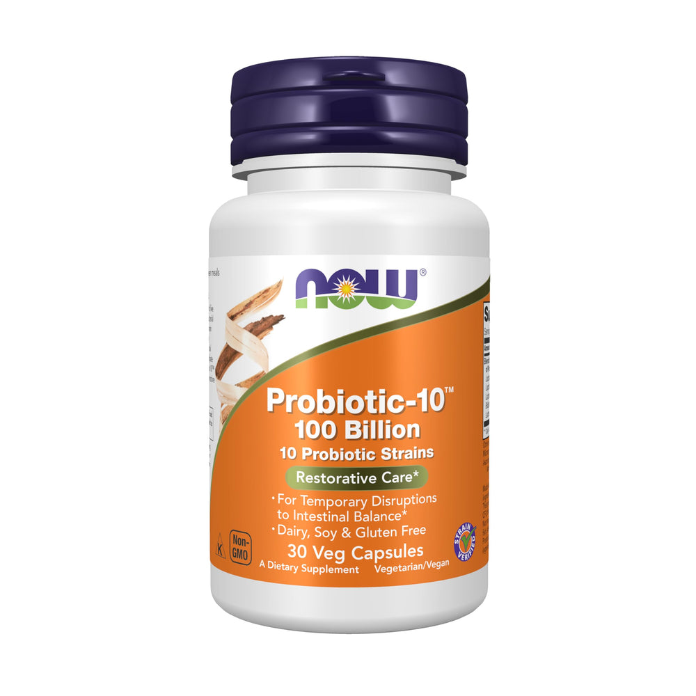 NOW Foods Probiotic-10 bottle with 100 billion CFU supporting digestive balance