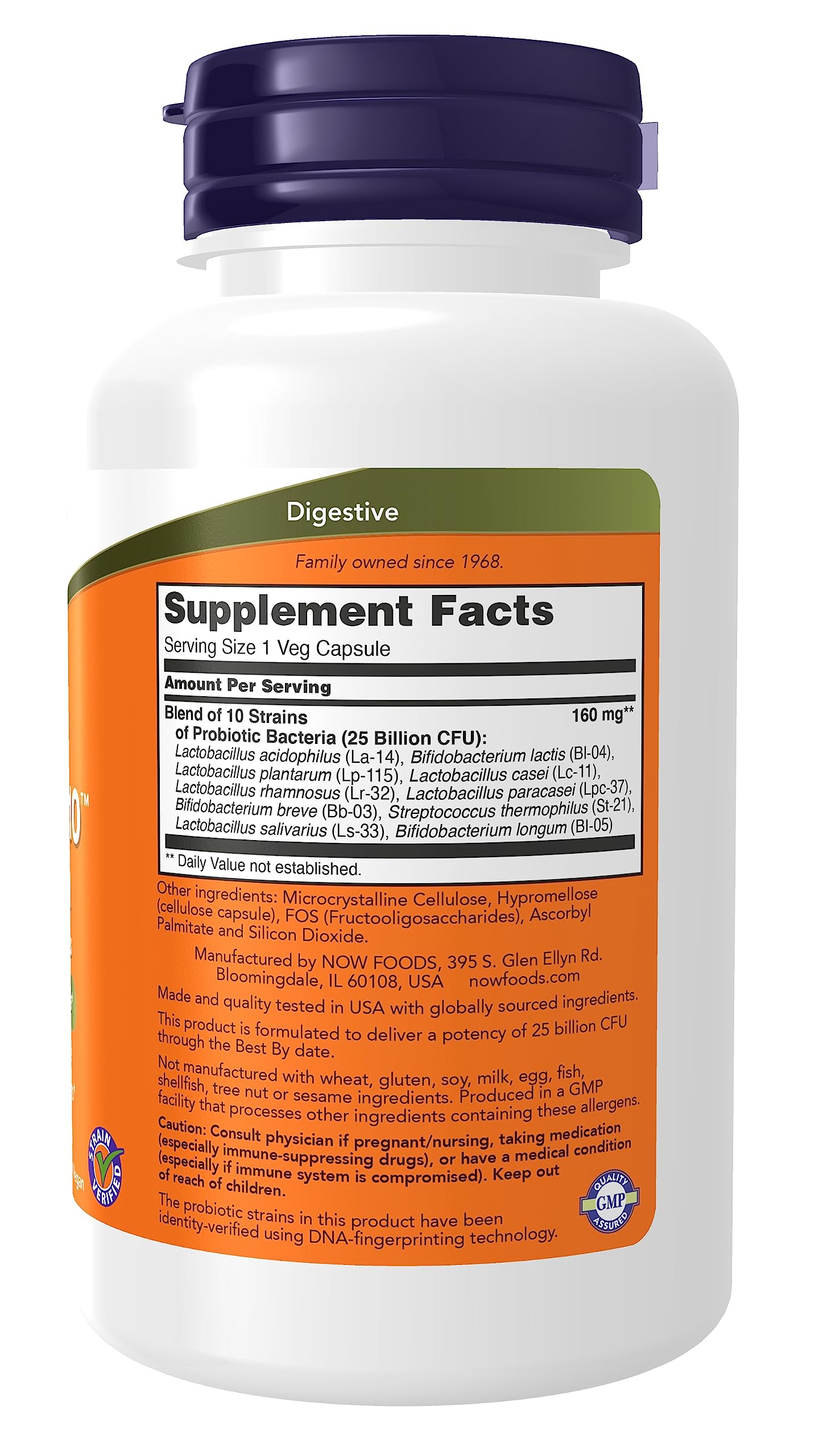 NOW Foods Probiotic-10 bottle back with ingredients and verification details.