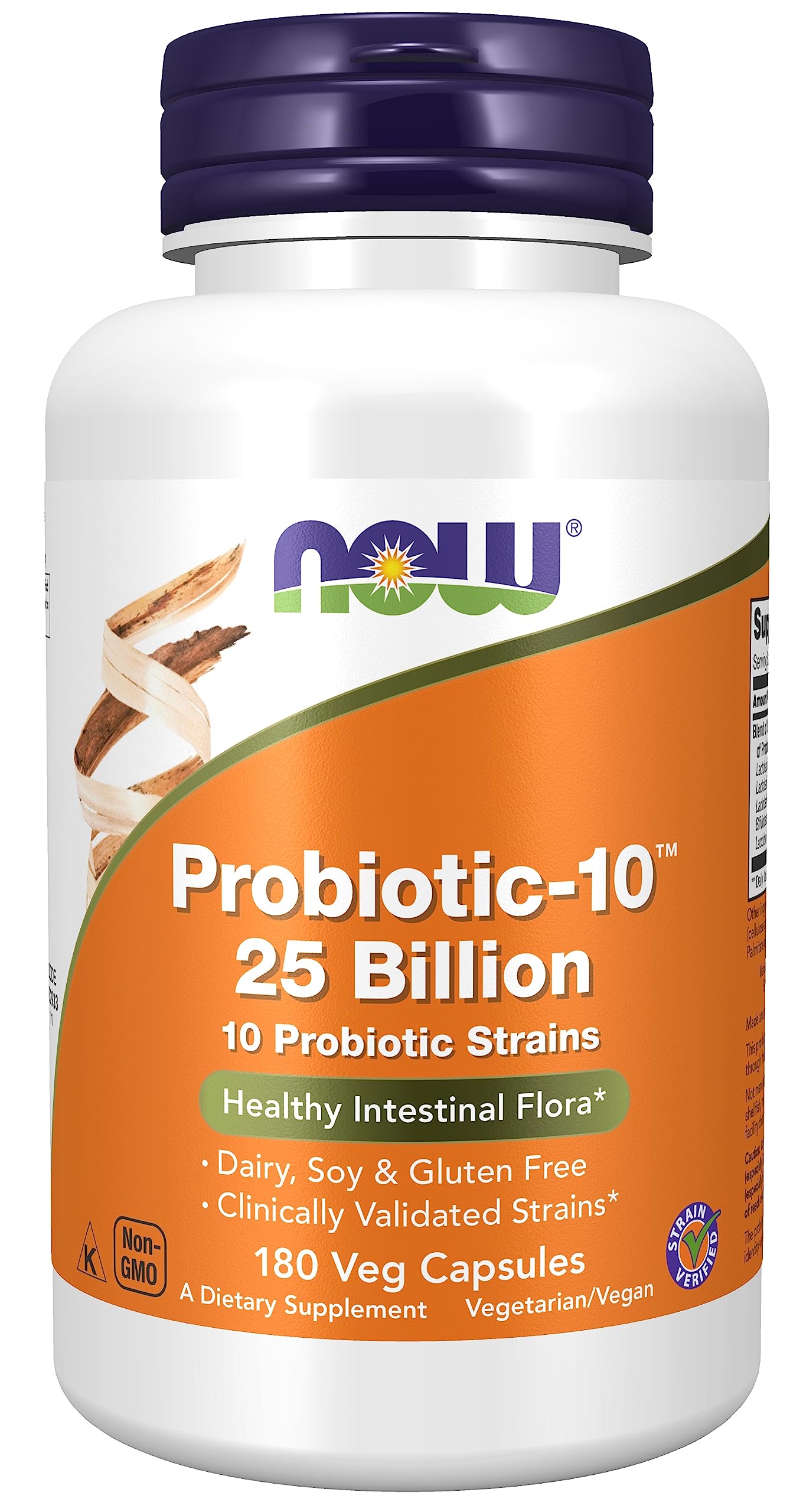 NOW Foods Probiotic-10 bottle front showing multi-strain formula for daily digestive support.