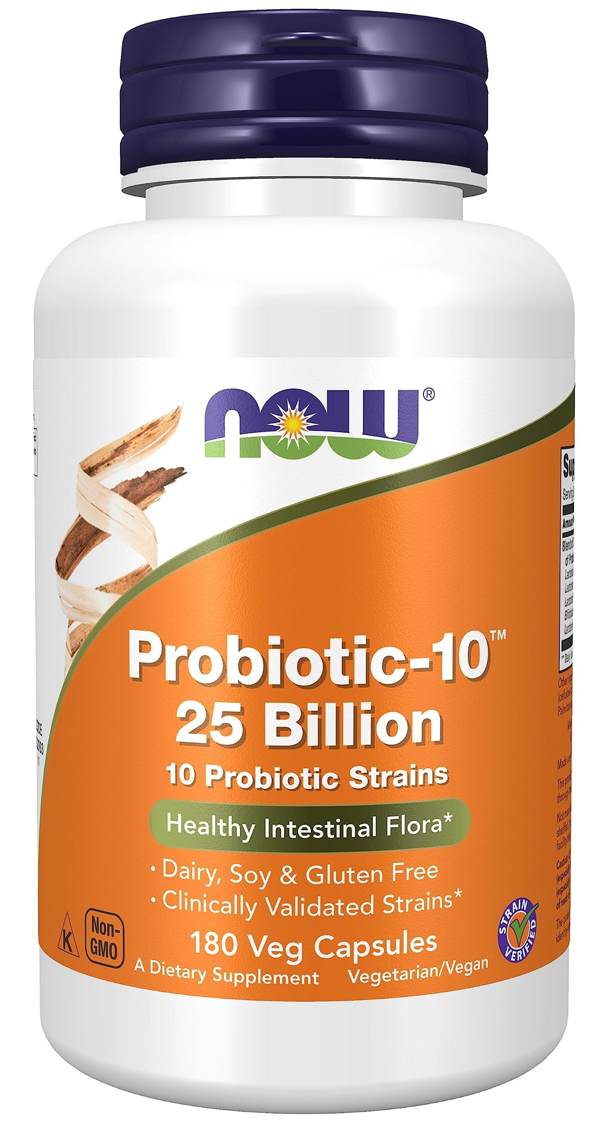 NOW Foods Probiotic-10 bottle front showing multi-strain formula for daily digestive support.