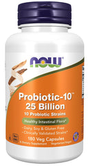 NOW Foods Probiotic-10 bottle front showing multi-strain formula for daily digestive support.