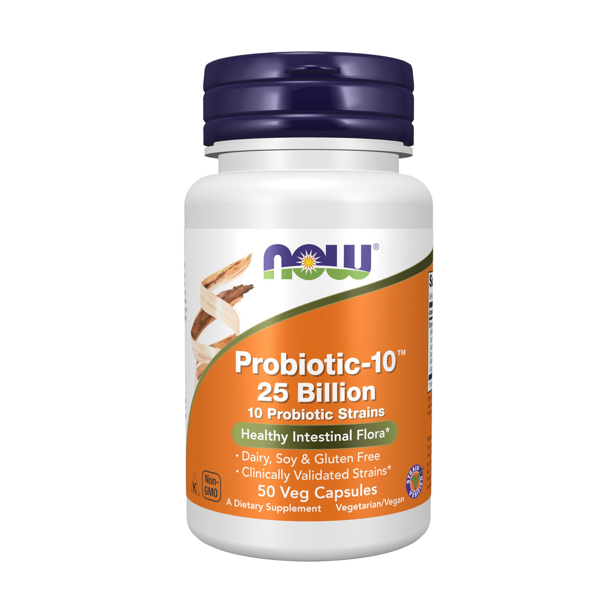 NOW Foods Probiotic-10 bottle front with 50 vegan capsules for daily digestive support