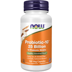 NOW Foods Probiotic-10 bottle-front promotes digestive balance with 25B CFU